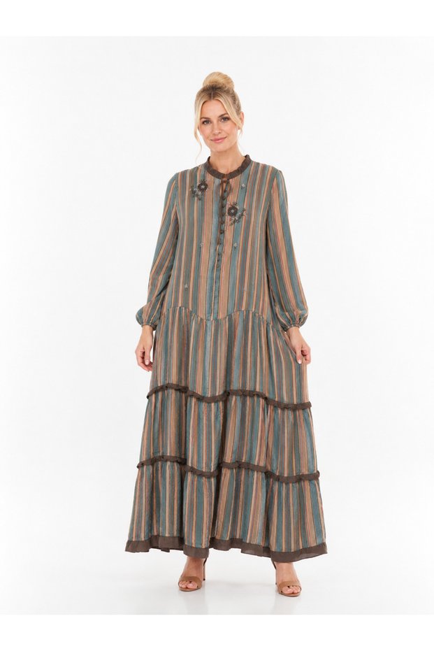 50% Viscose % Modal Floral Detailed Striped Lined Dress