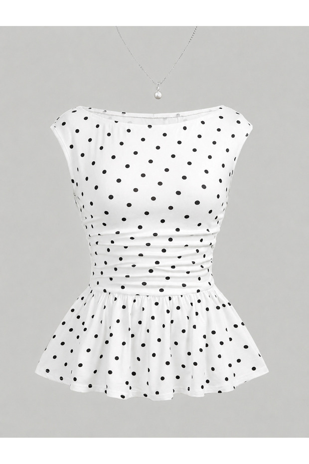 White Women's Polka Dot Boat Neck Ruffle Hem Blouse