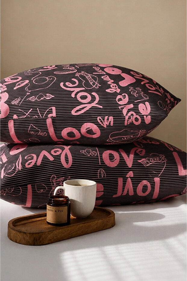 Love Patterned Cotton Ranforce Fabric Zippered Pillowcase 2 Pieces 50X70 cm