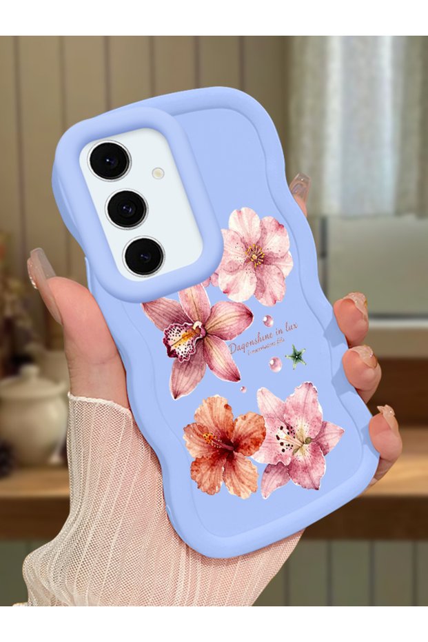 Samsung Galaxy S24 Fe Compatible Case Camera Protector Blue Silicone Couple Phone Case Floral Pattern