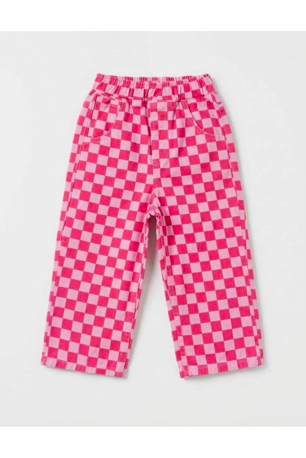 Unisex Kids' Checkered Denim Trousers - Elastic Waist Comfortable Fit Casual Cotton Pants