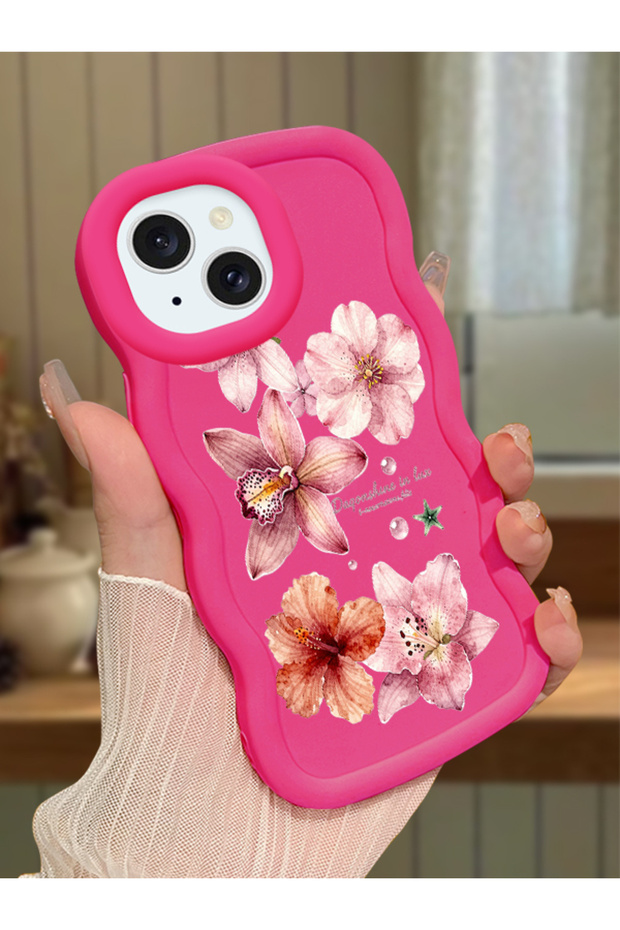 iPhone 13 Compatible Case Camera Protector Red Silicone Couple Phone Case Floral Pattern