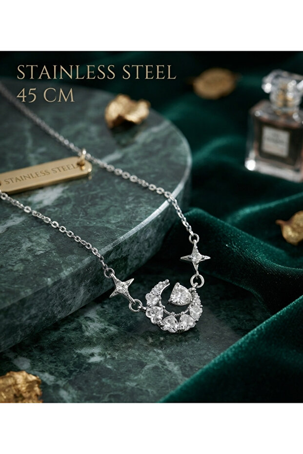 316L Steel Chain Silver Color Zircon Stone Crescent Heart Model Necklace