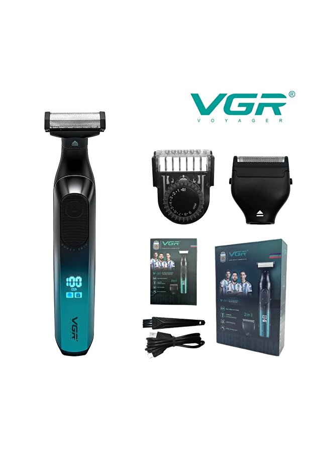 V-361 Green VGR Shaver Electric Razor Portable Dual Sided Trimmer Shaving Machine LED Display Beard