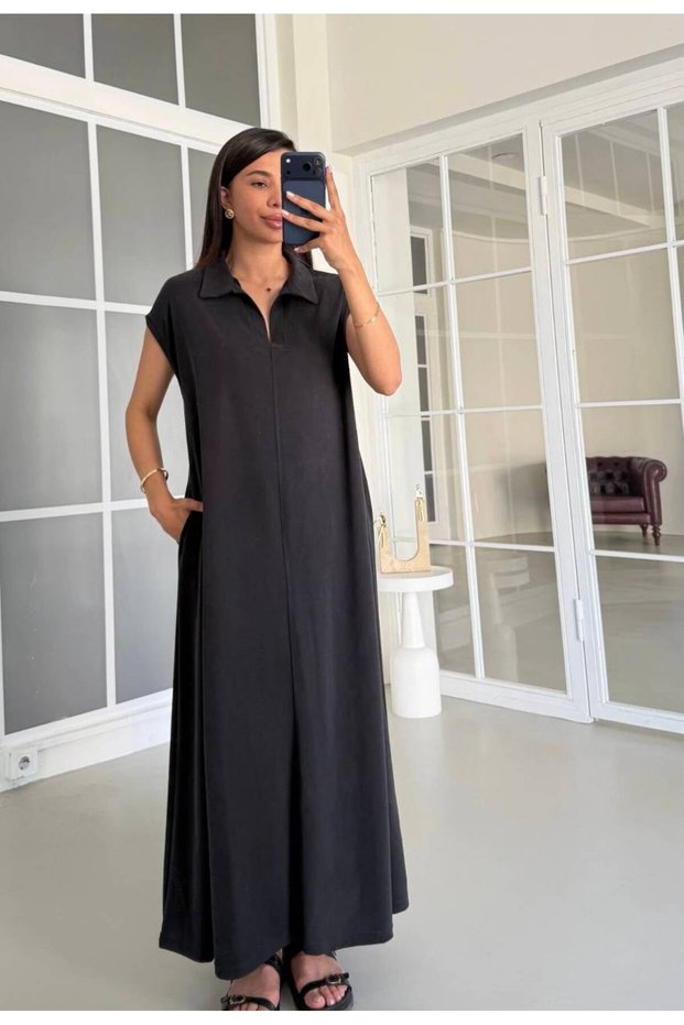 Women's Black Polo Collar Modal Long Dress with Pockets