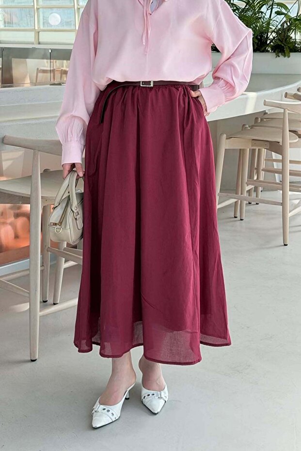 Belted Pocketed Hijab Skirt Burgundy