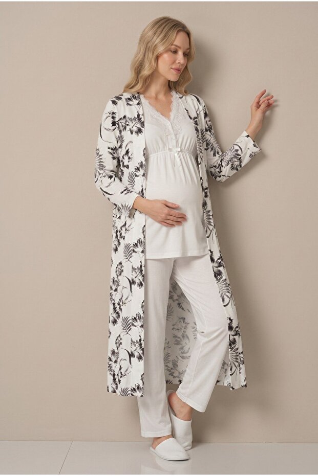 Women's Ecru Patterned Lace 3-Piece Maternity Pajama Set with Dressing Gown