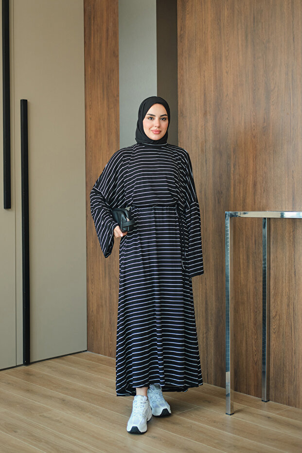 Women's Striped Long Sleeve Dress Black
