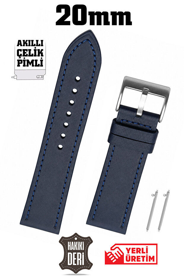 20mm Navy Blue Sport Genuine Leather Watch Band Strap with Smart Pins