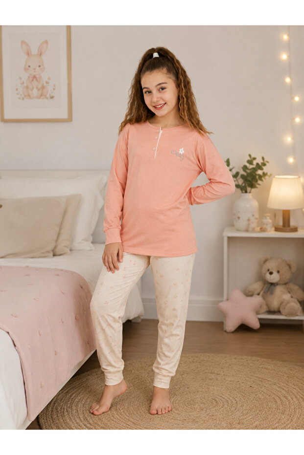 Girl's 100% Natural Cotton Cuffed Long Sleeve Pajama Set