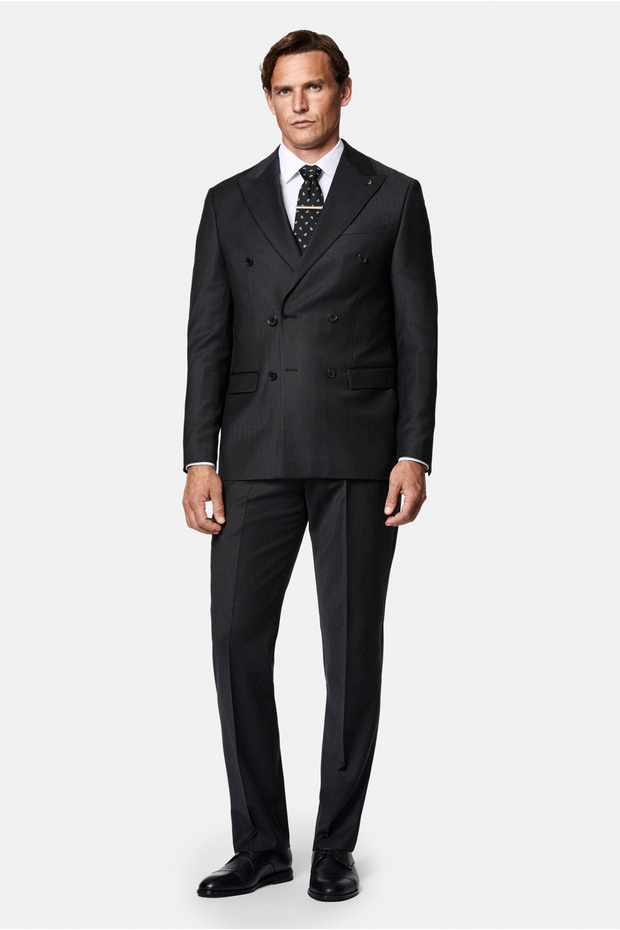 4 Drop Relaxed Fit Comfortable Cut Pointed Collar Elastic Waist Wool Patterned Double Breasted Suit