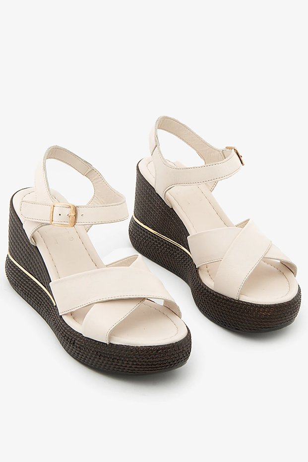 Beige Genuine Leather Wedge Heeled Cross-Strapped Women's Sandals