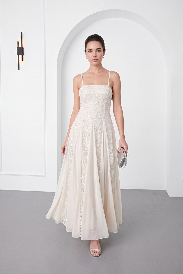 Women's Beige Thin Strap Floral Patterned Maxi Event Dress