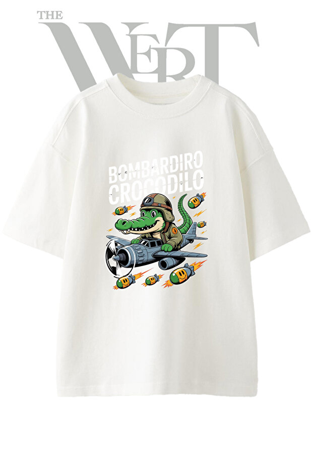 Bombardier Crocodile Design Printed Unisex White Oversize T-Shirt