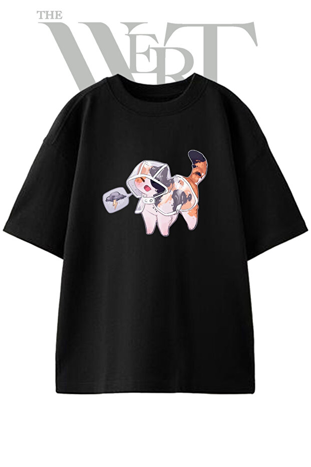 Calico Cat Raincoat Design Printed Unisex Black Oversize T-Shirt