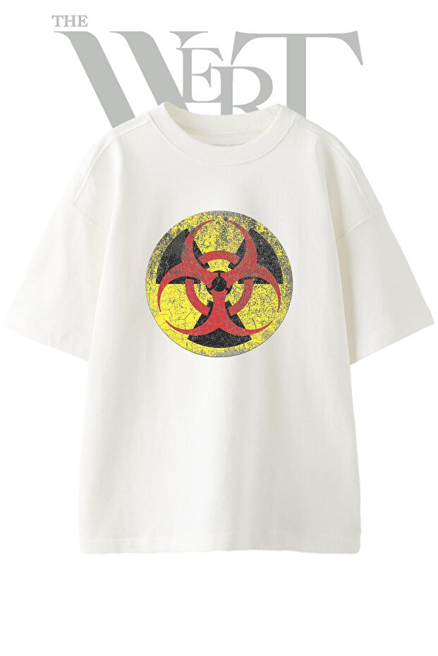 Biohazard Design Printed Unisex White Oversize T-Shirt