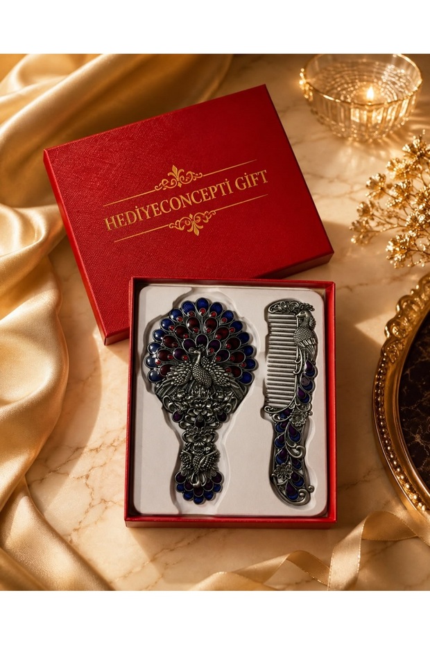 Luxury Gift Boxed Ottoman Palace Collection Antique Copper Stone Embroidered Hand Mirror and Comb Set
