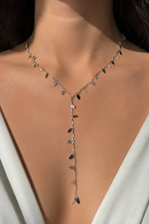 Silver Color Fringed Steel Y Necklace