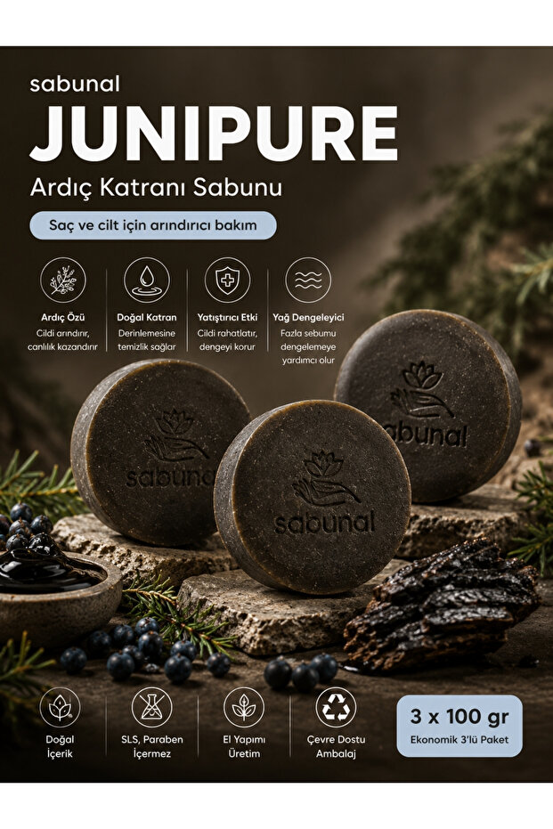 Junipure Juniper Tar Soap 3 Pcs - Scalp, Dandruff Appearance, and Natural Purifying Body Care