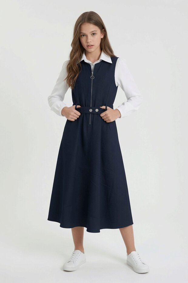 Blue Girl's Long Sleeve Shirt Half Zipper Belted Dress Set 24711
