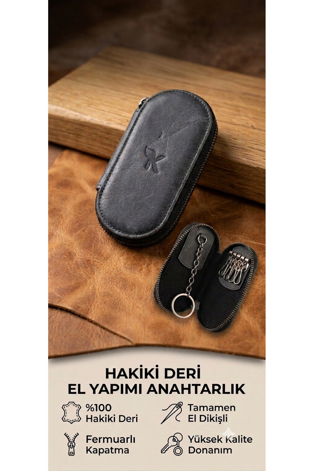 Genuine Leather Keychain with Zipper Closure