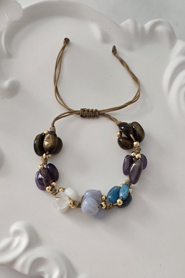 Certified Amorphous Twins Zodiac Natural Stone Bracelet (Opal, Amethyst, Achatite, Chalcedony, Moonstone)
