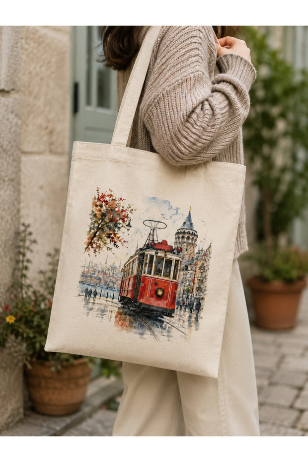 Istanbul Themed, Printed Raw Fabric Bag, Shoulder Bag, Shopping Bag