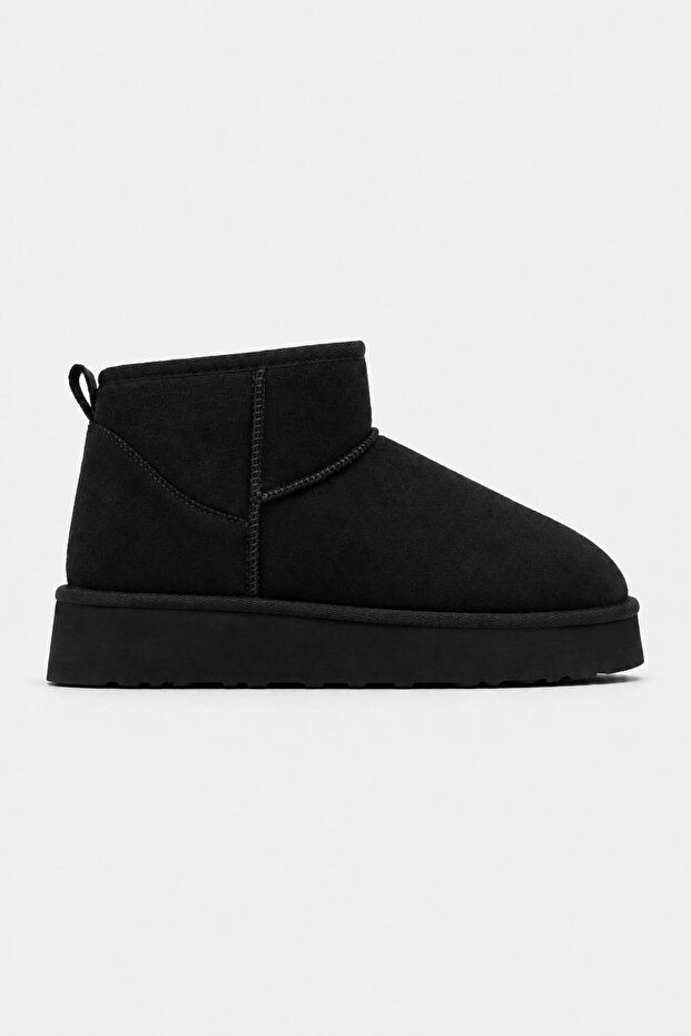 Women's High Mini Classic Suede Winter Boots with Fur Inside - Black