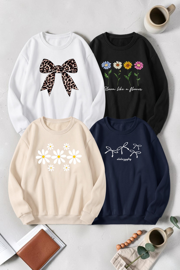 Unisex Mixed Printed Crew Neck Sweatshirt Set – Pack of 4