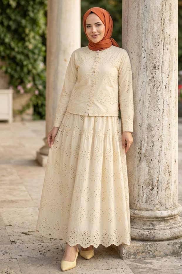 Button Detailed Fisto Beige Hijab Double Set 50021Bej