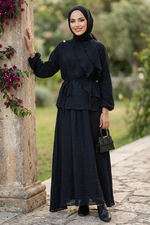 Drapeli Belted Tulle Modal Navy Blue Hijab Suit 31051L