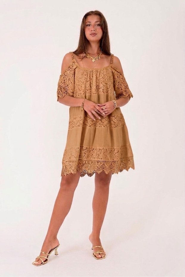 Short Dress with Shoulder Detail and Guipure Lace Detail (Suitable for Sizes 34-46.)