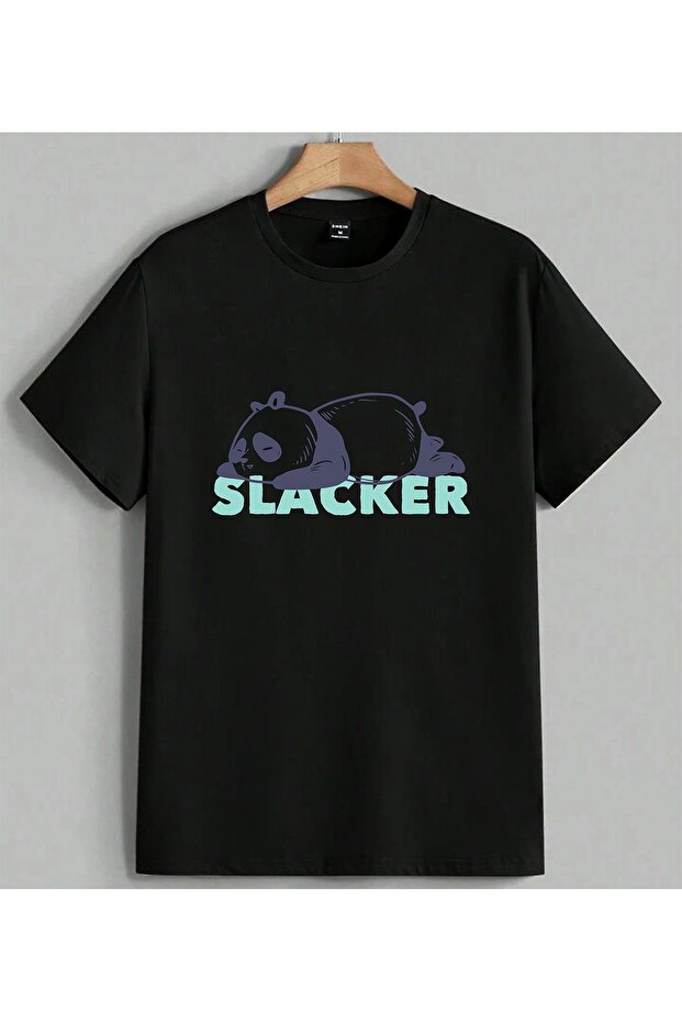 Slacker Panda Sleeping Caricature Printed Unisex Oversize T-Shirt Black