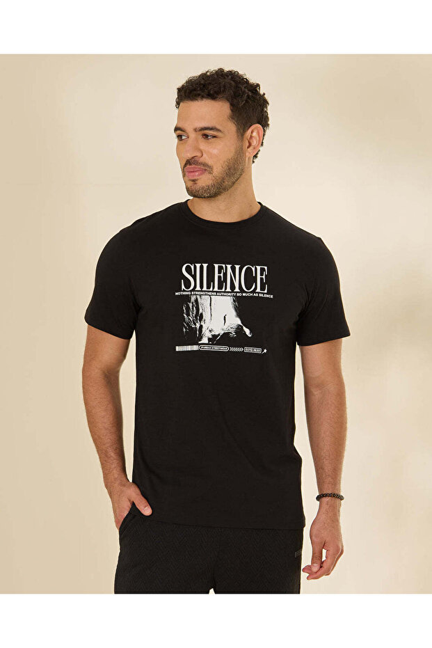 Men Black Silence Graphic T-Shirt