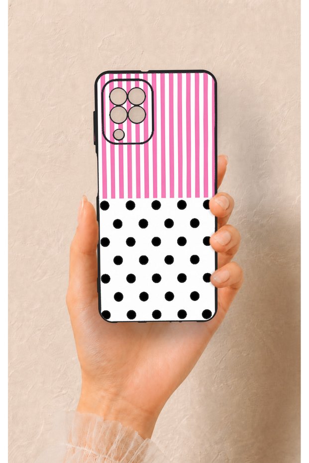 Samsung A22 Compatible Pink Striped Polka Dot Patterned Silicone Case