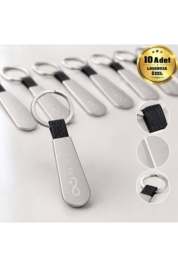 10 Pieces of 2418 Double-Sided Metal and Black Faux Leather Laser Printed Keychains with Your Logo