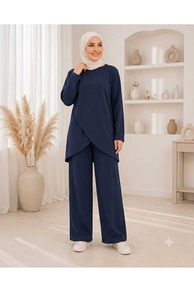 Women's Modal Fabric Comfortable Fit Elastic Waist Two-Piece Hijab Set Bottom Top with Special Detail on the Front Trendy Style
