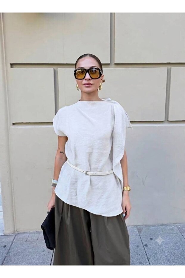 Women's White Asymmetrical Belted Lyocell Blouse