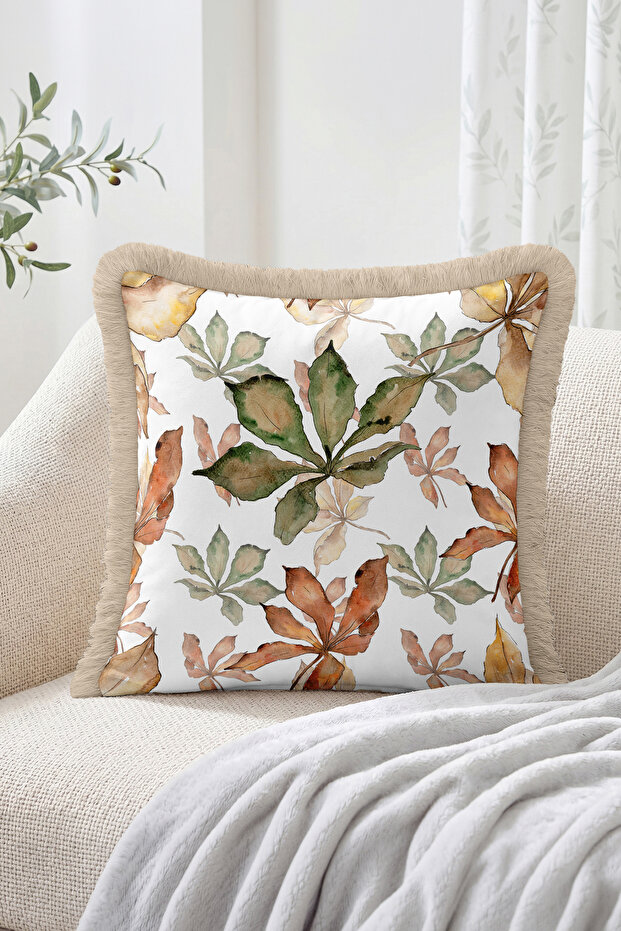 Watercolor Leaves and Autumn Branches Pattern Fringed Throw Pillow Cover - Bohemian Tassel Pillowcase