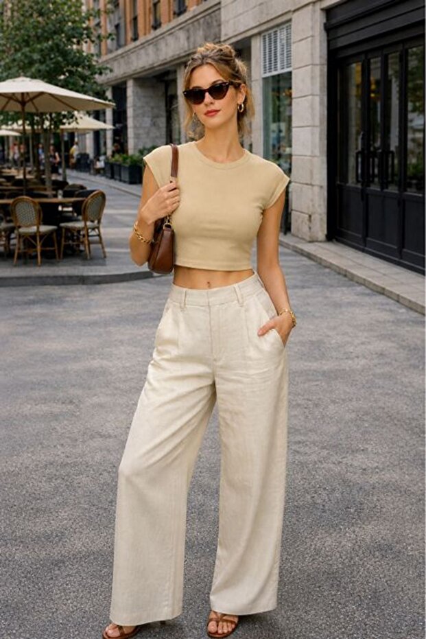 Women's Beige Ribbed Crop Blouse Crew Neck Short Sleeve Slim Fit Plain