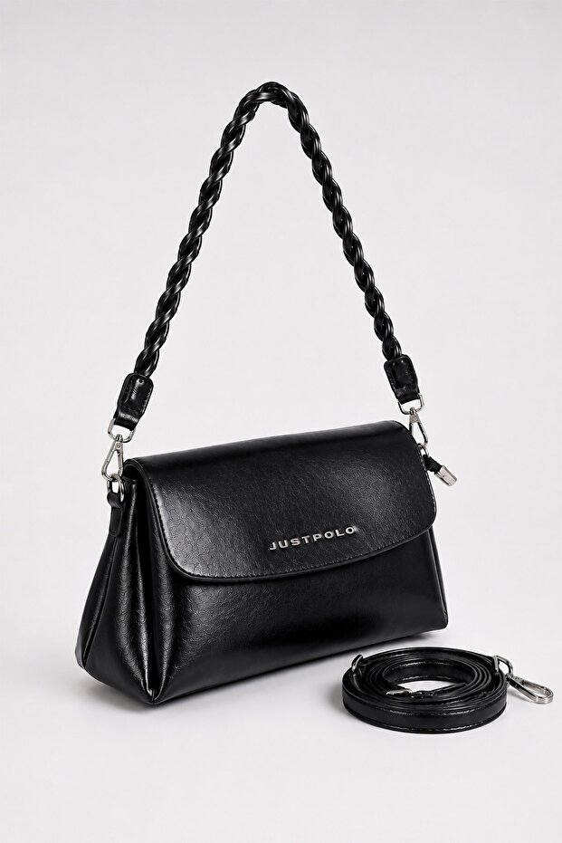 Women's Valeria Multi-Compartment Soft Leather Look Black Shoulder and Crossbody Bag with Adjustable Strap