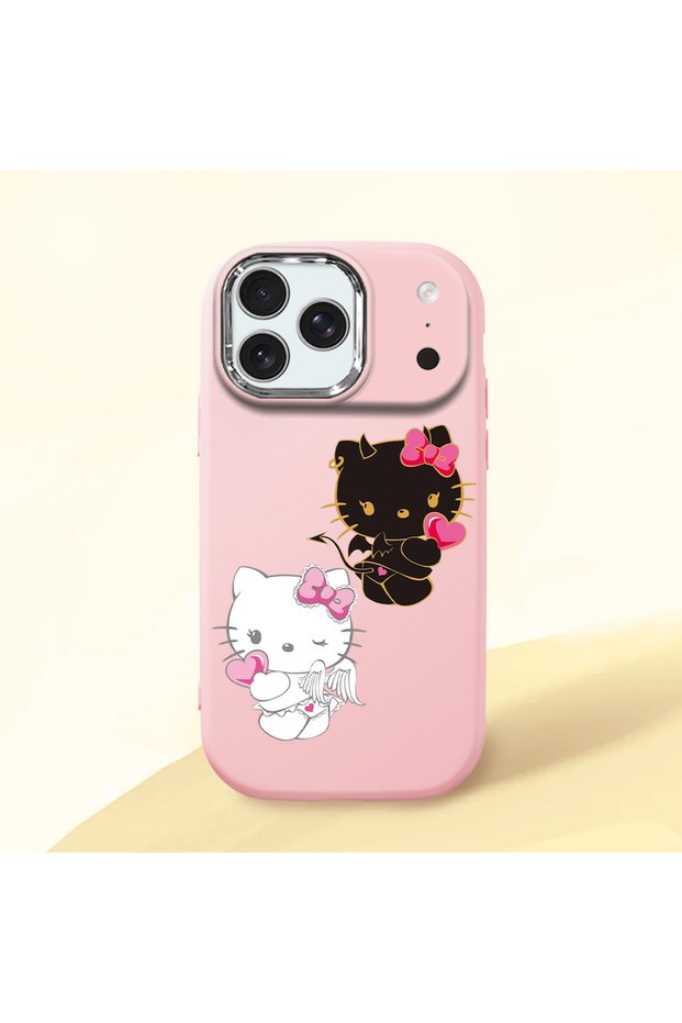 iPhone 17/18 Pro Max Compatible Case with Camera Protector Pink Silicone Couple Phone Case with Kitty Pattern