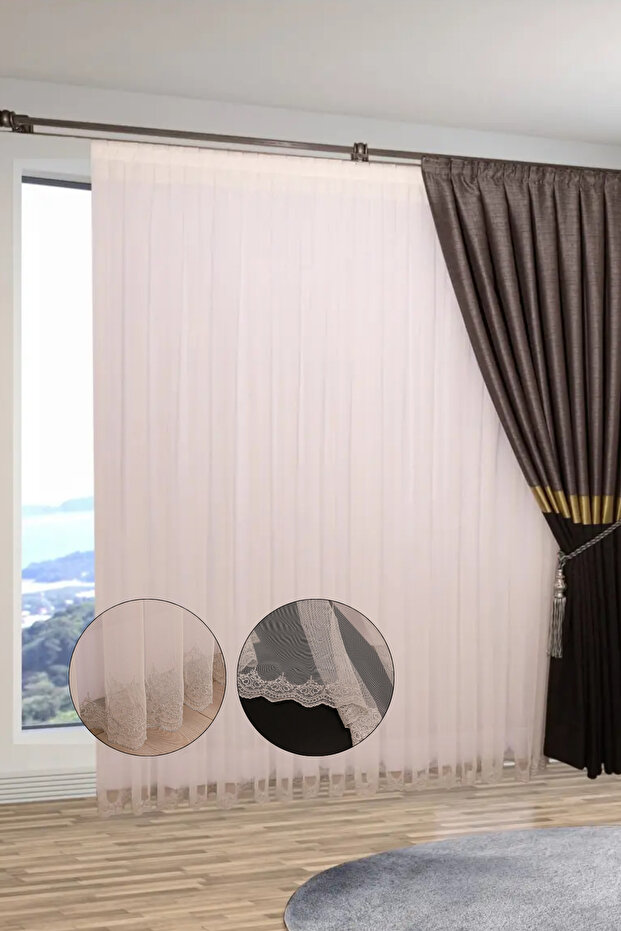 1-2 Sparse Pleated Gray Skirt Embroidered, Off-White on the Top, Wrinkle-Free, No Ironing Required Tulle Curtain