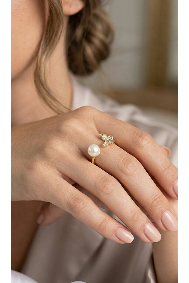 Butterfly Pearl Model Gold Color Zircon Stone Women's Ring