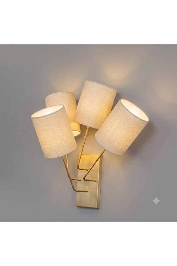 Alesta Antique Gold Plated 4-Arm Decorative Sconce - Luxury Wall Sconce with Jute Fabric Hat - E14 Socket