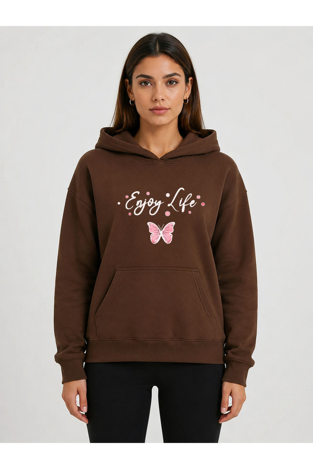 Enjoy Life Printed Hooded 2 Thread Threaded Sweatshirt
