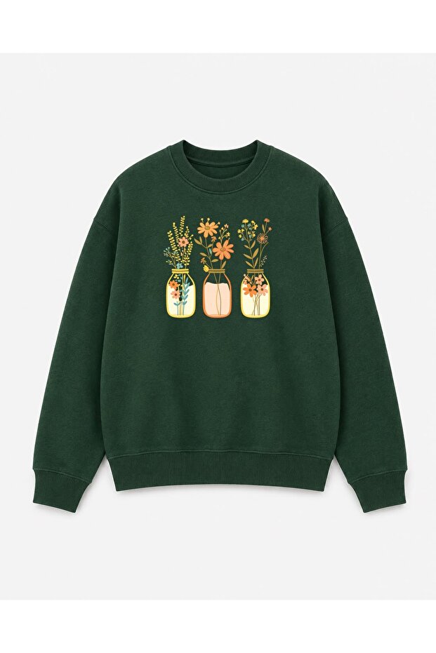 Jar Flower Print Detailed Embroidered 2 Thread Crew Neck Sweatshirt