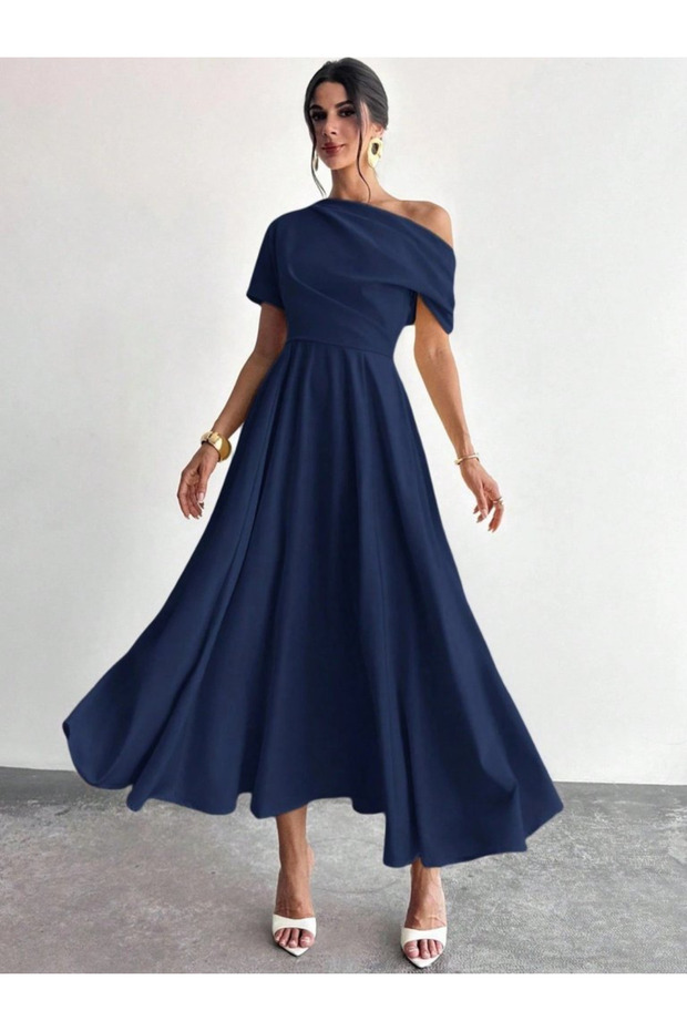 Women's Off-The-Shoulder Short Sleeve Pleated Long Janjan Crepe Dress