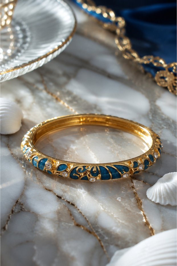 Leaf Wrapped Stone Petrol Blue Enamel Thin Cuff Bracelet (Gold Color)