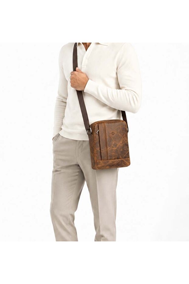 Men's Crazy Tan Genuine Leather Shoulder Strap Messenger Bag Shoulder Bag